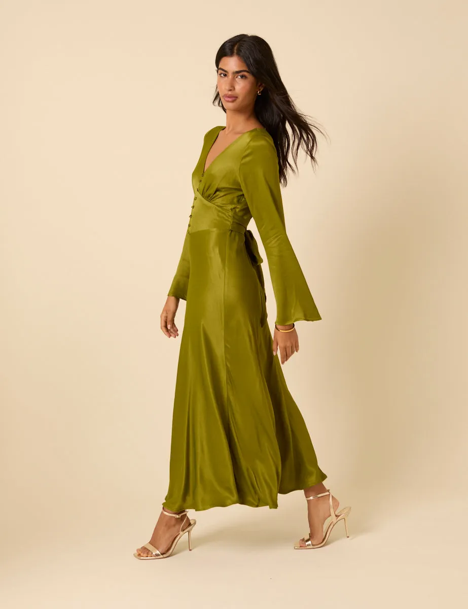 Olive Green Satin Long Sleeve Stella Midi Dress sold by Nobody's Child product image thumbnail 4