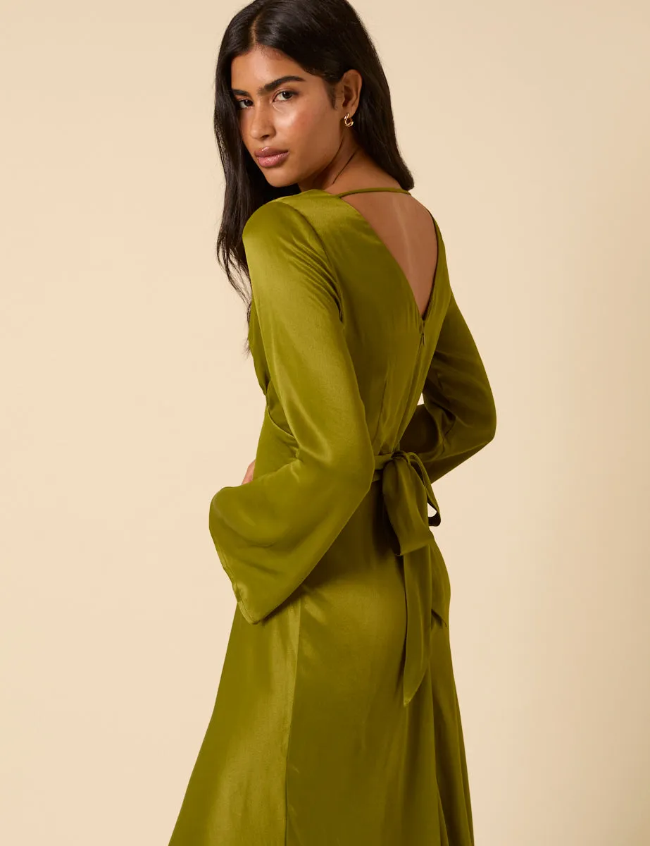 Olive Green Satin Long Sleeve Stella Midi Dress sold by Nobody's Child product image thumbnail 3