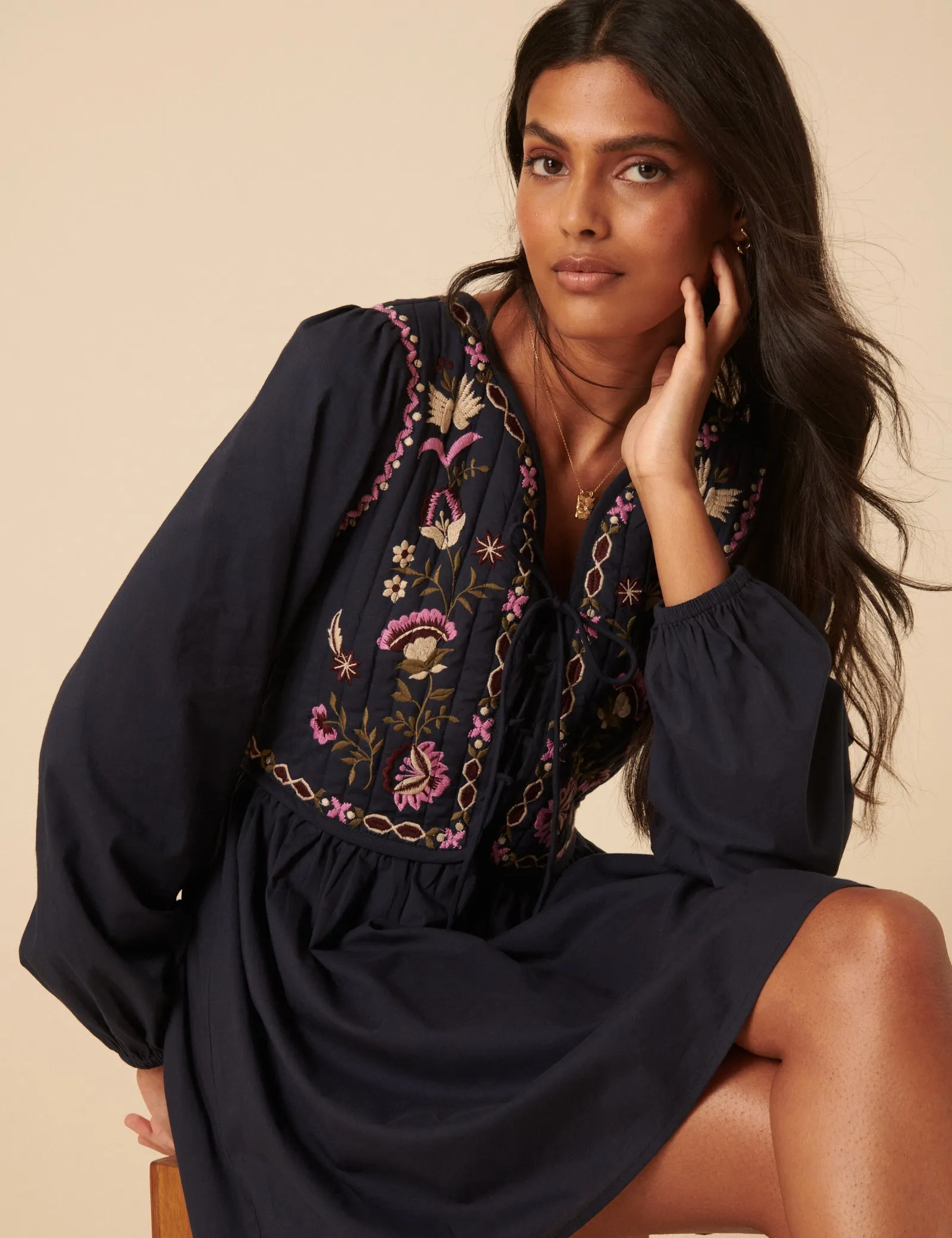 Navy Paisley Embroidered Monroe Mini Dress sold by Nobody's Child product image thumbnail 2