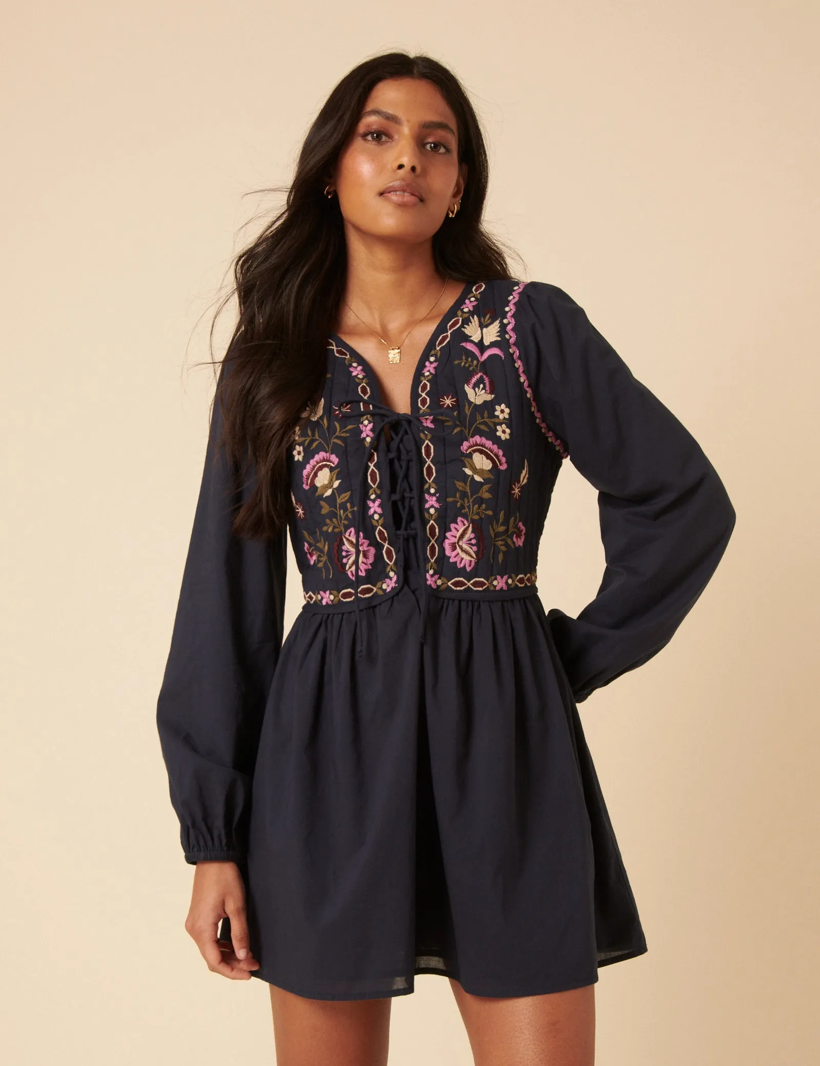 Navy Paisley Embroidered Monroe Mini Dress sold by Nobody's Child product image thumbnail 3