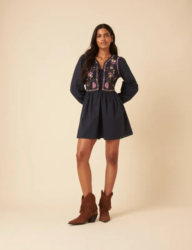 Navy Paisley Emboidered Monroe Mini Dress sold by Nobody's Child