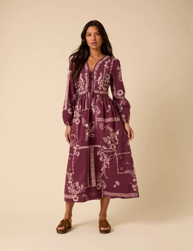 Purple Paisley Embroidered Quilted Monroe Midi Dress sold by Nobody's Child