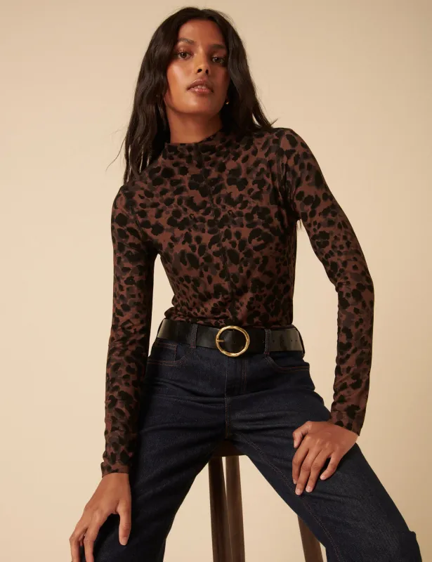 Leopard Print High Neck Long Sleeve Jersey Top sold by Nobody's Child