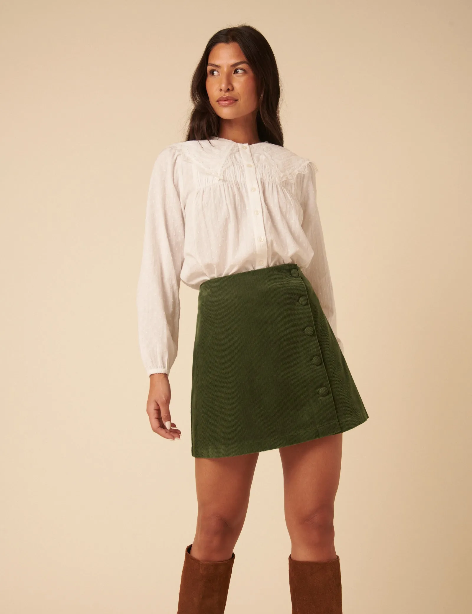 Green Cord Asymmetric Mini Skirt sold by Nobody's Child