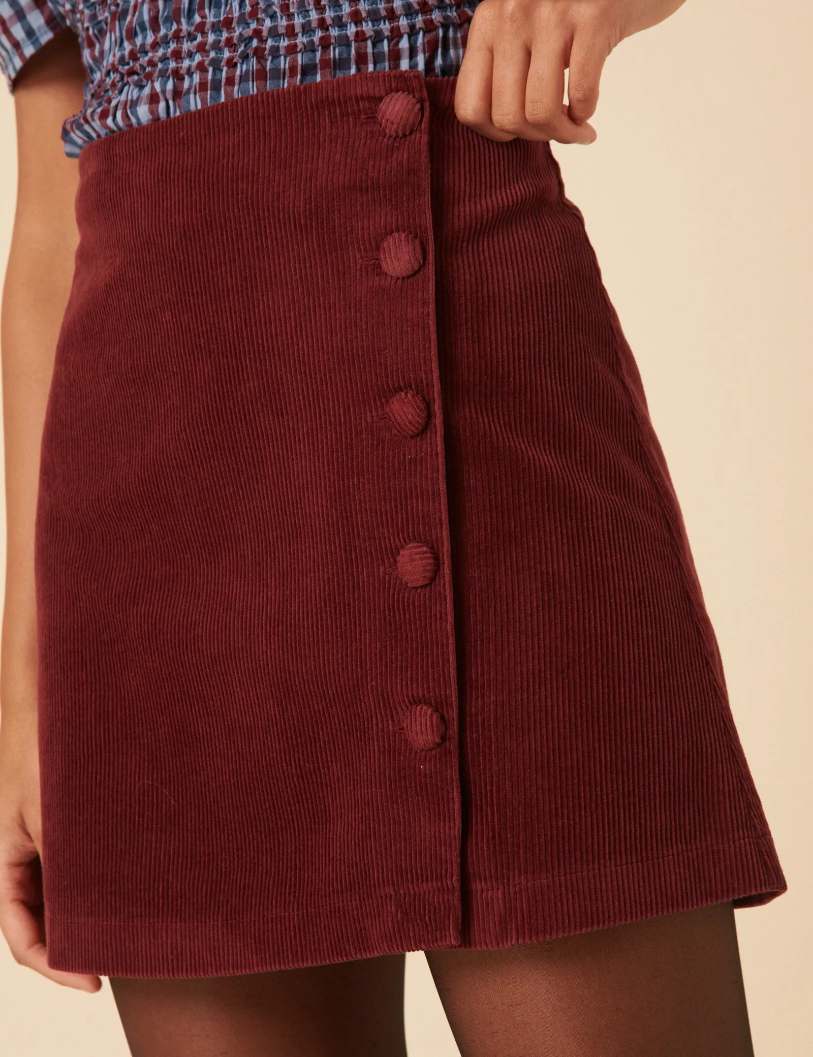 Burgundy Cord Asymmetric Mini Skirt sold by Nobody's Child product image thumbnail 2