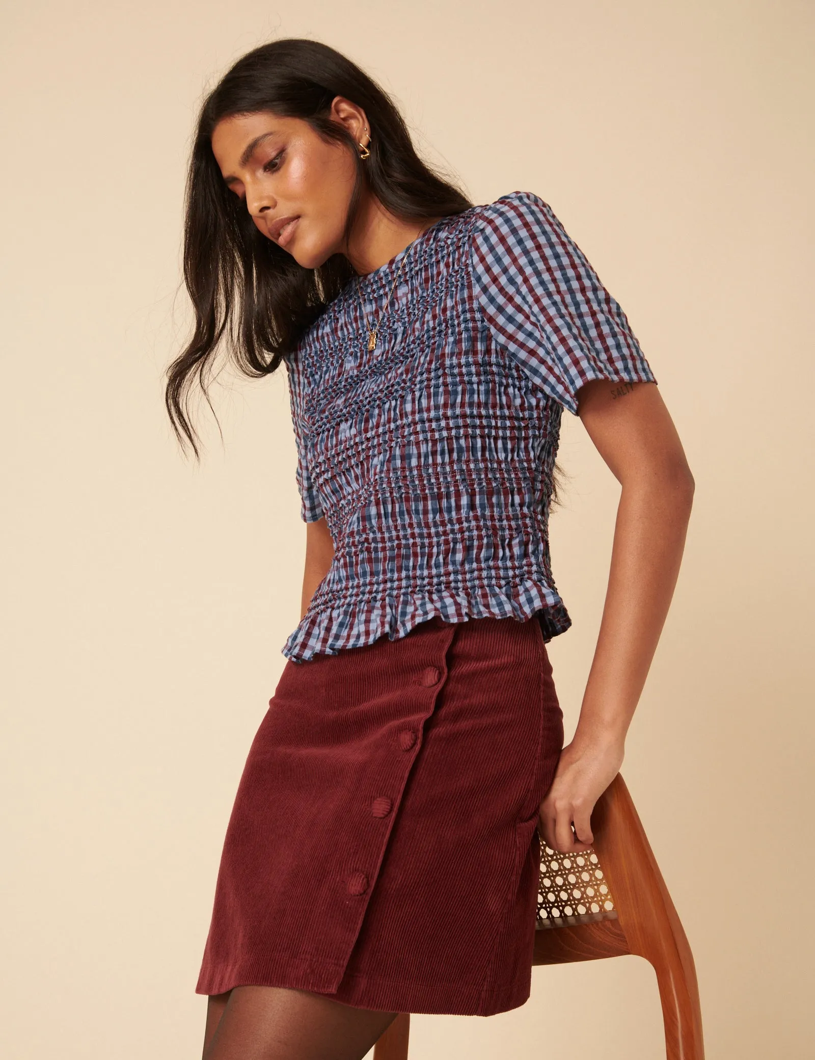 Burgundy Cord Asymmetric Mini Skirt sold by Nobody's Child product image thumbnail 3