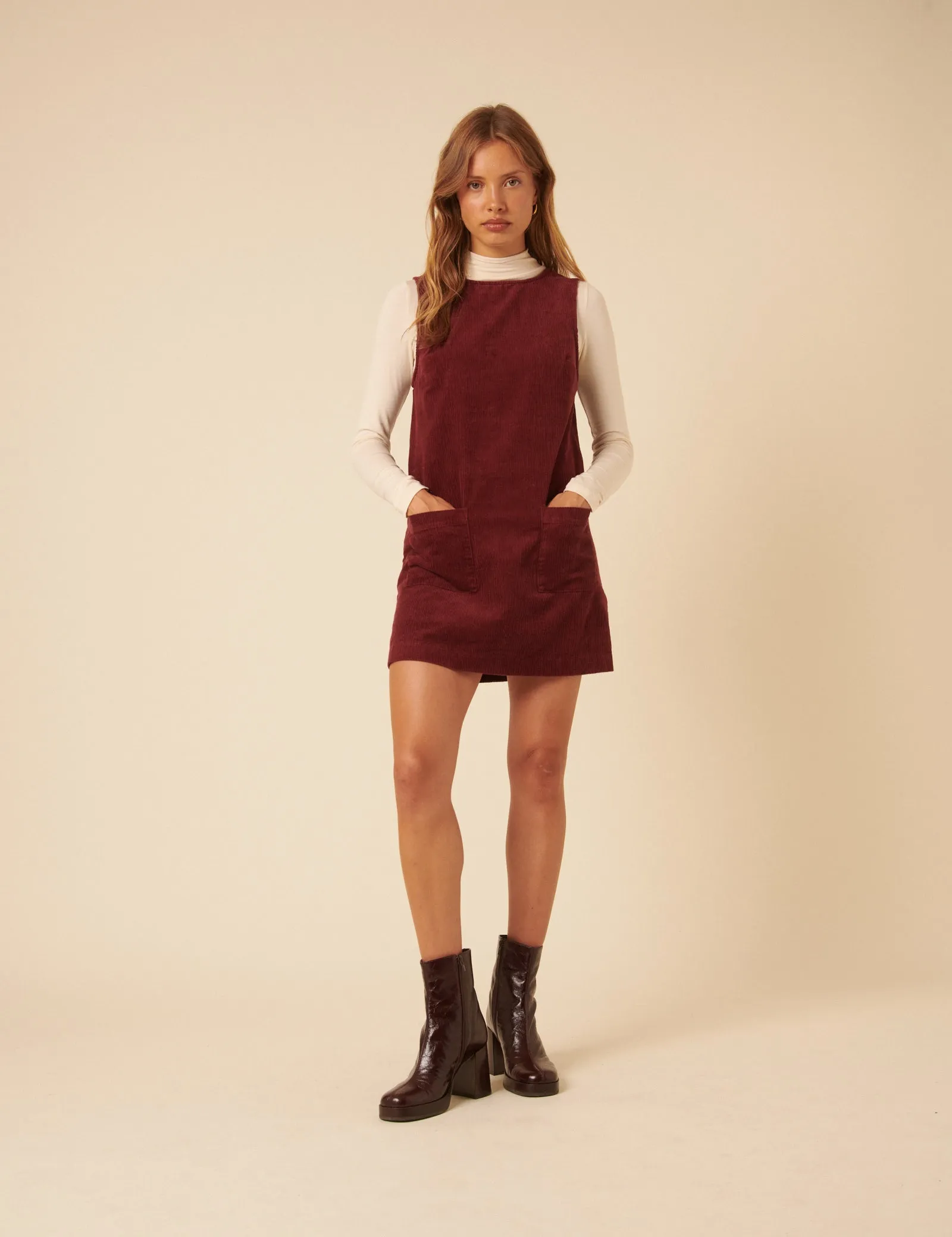 Burgundy Cord Chiara Pinafore Mini Dress sold by Nobody's Child