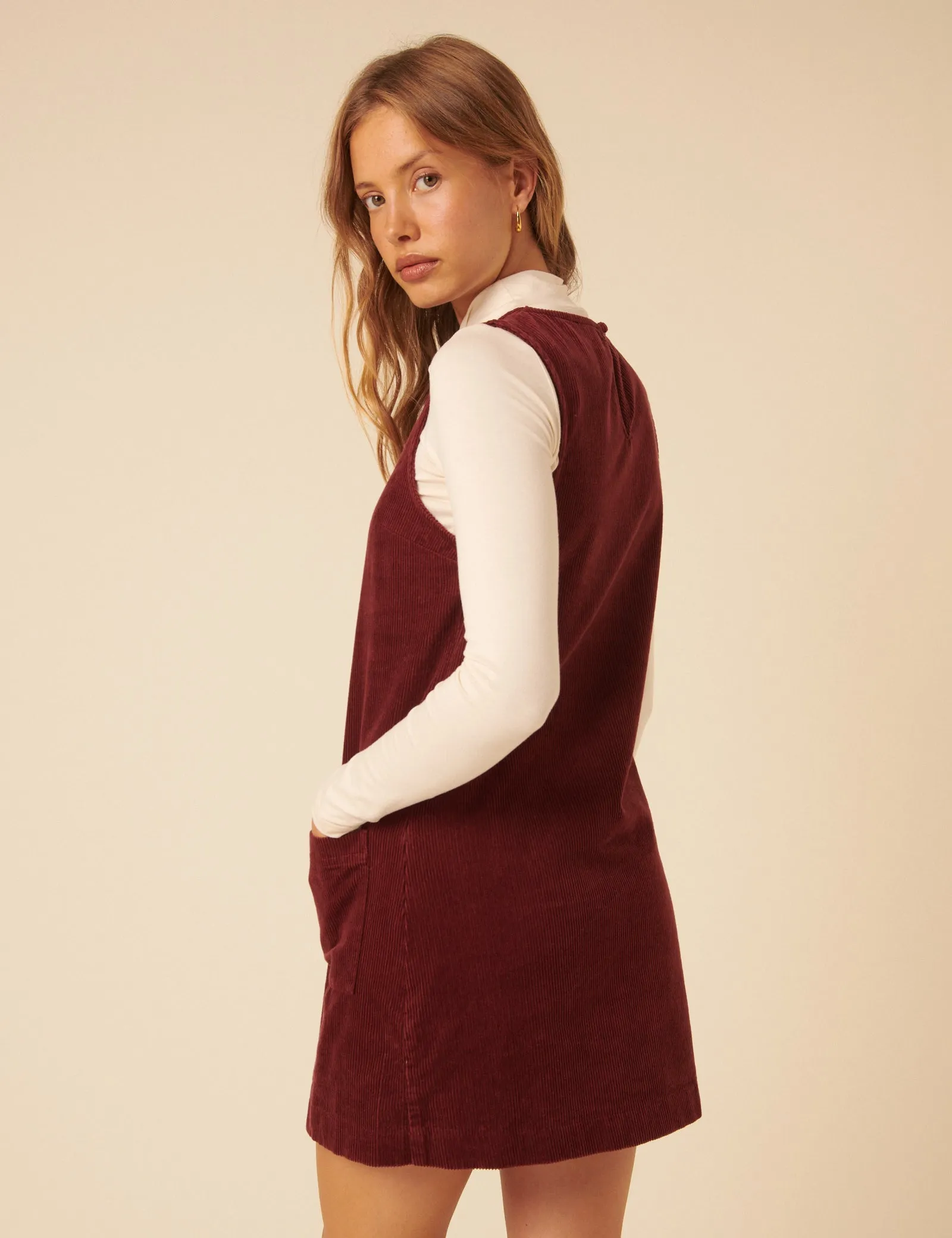 Burgundy Cord Chiara Pinafore Mini Dress sold by Nobody's Child product image thumbnail 5