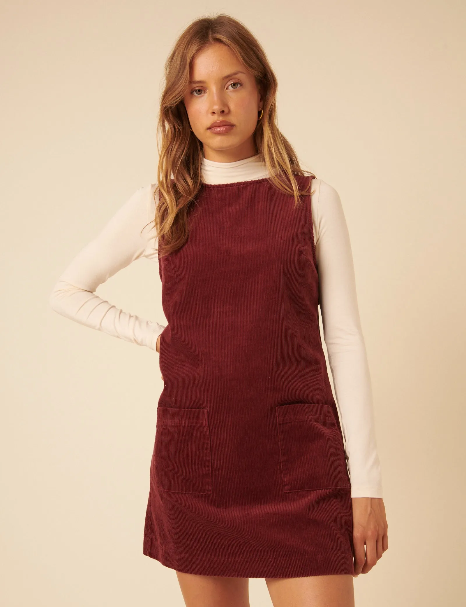 Burgundy Cord Chiara Pinafore Mini Dress sold by Nobody's Child product image thumbnail 4
