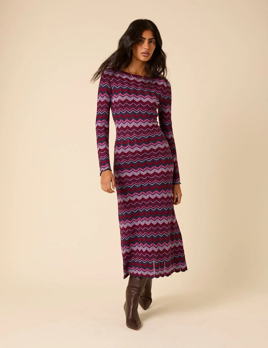 Purple Chevron Striped Long Sleeve Midi Dress sold by Nobody's Child product image thumbnail 4