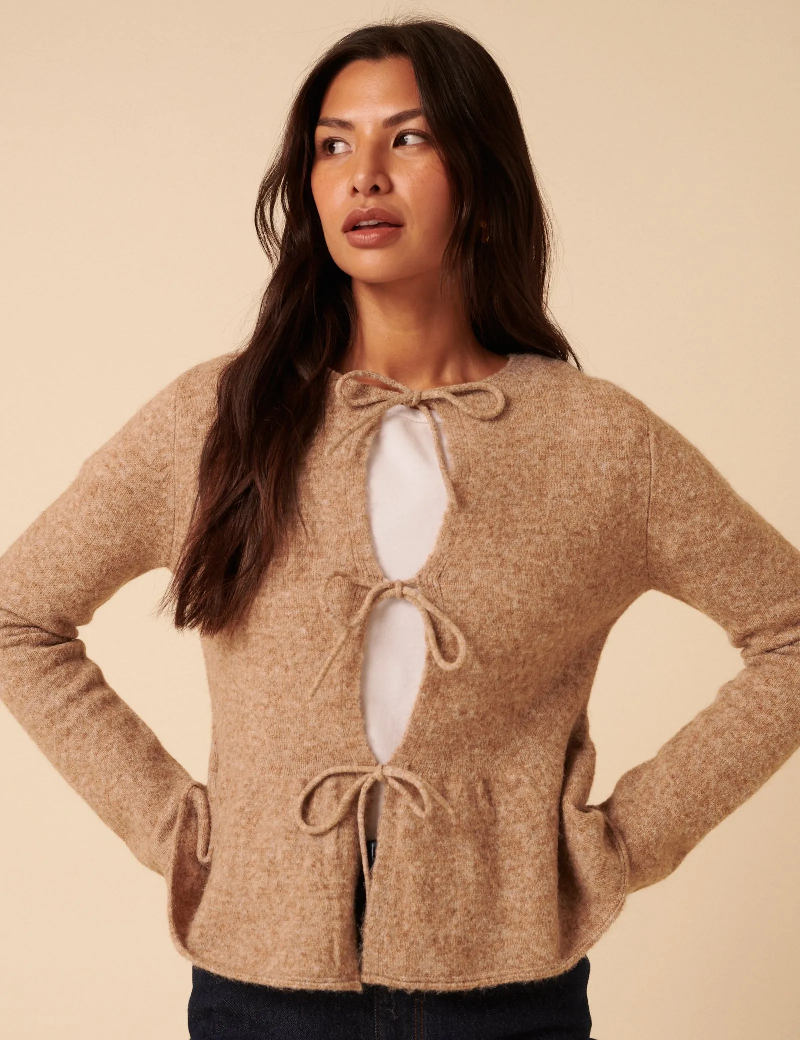 Light Brown Tie Front Peplum Cardigan sold by Nobody's Child