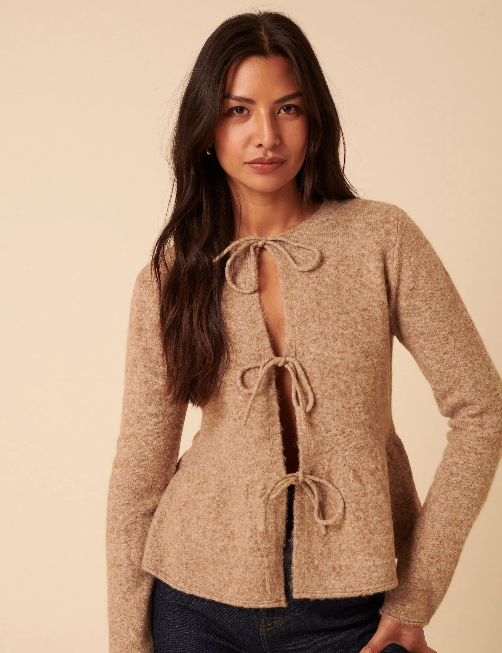 Light Brown Tie Front Peplum Cardigan sold by Nobody's Child product image thumbnail 4