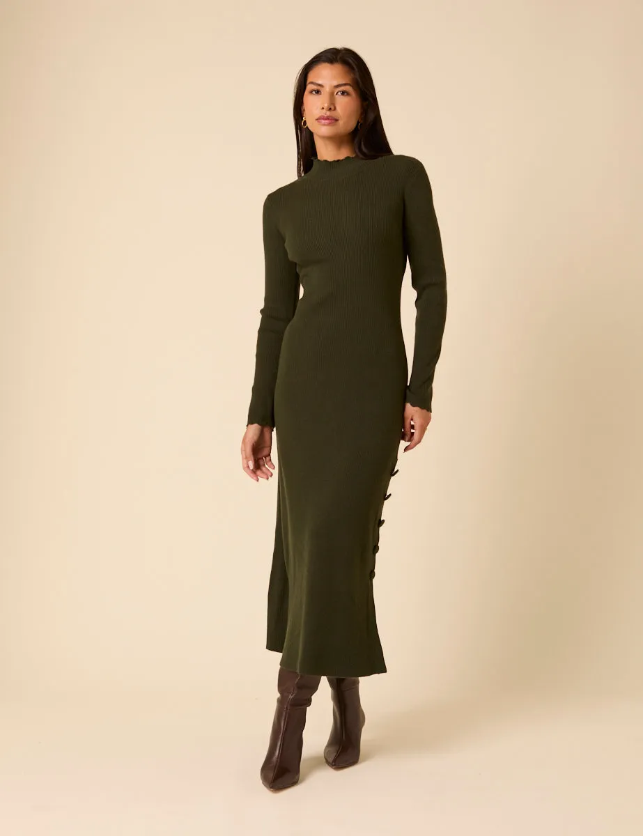 Dark Green Knitted Long Sleeve Midi Dress sold by Nobody's Child