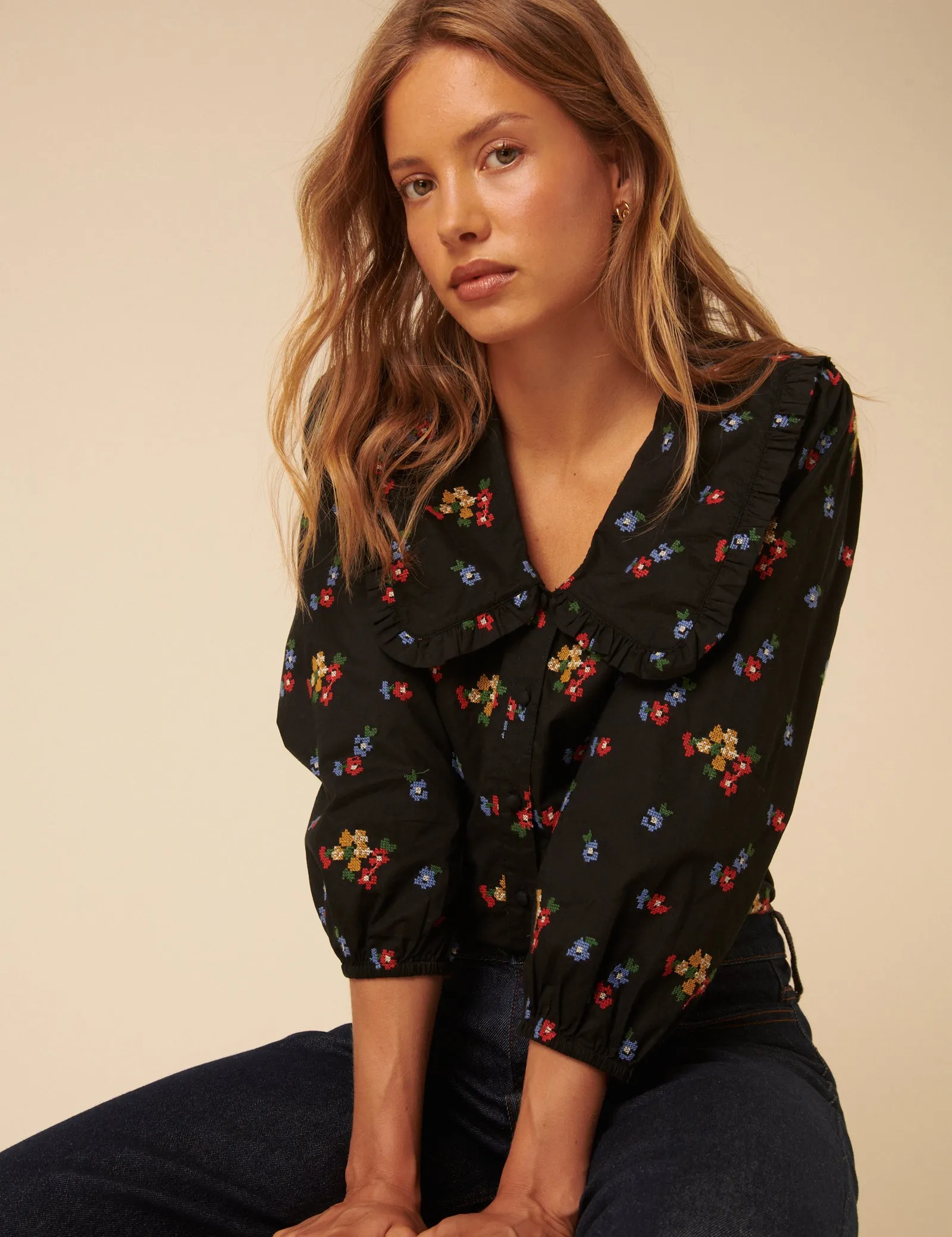 Black Floral Embroidered Long Sleeve Emmie Blouse sold by Nobody's Child