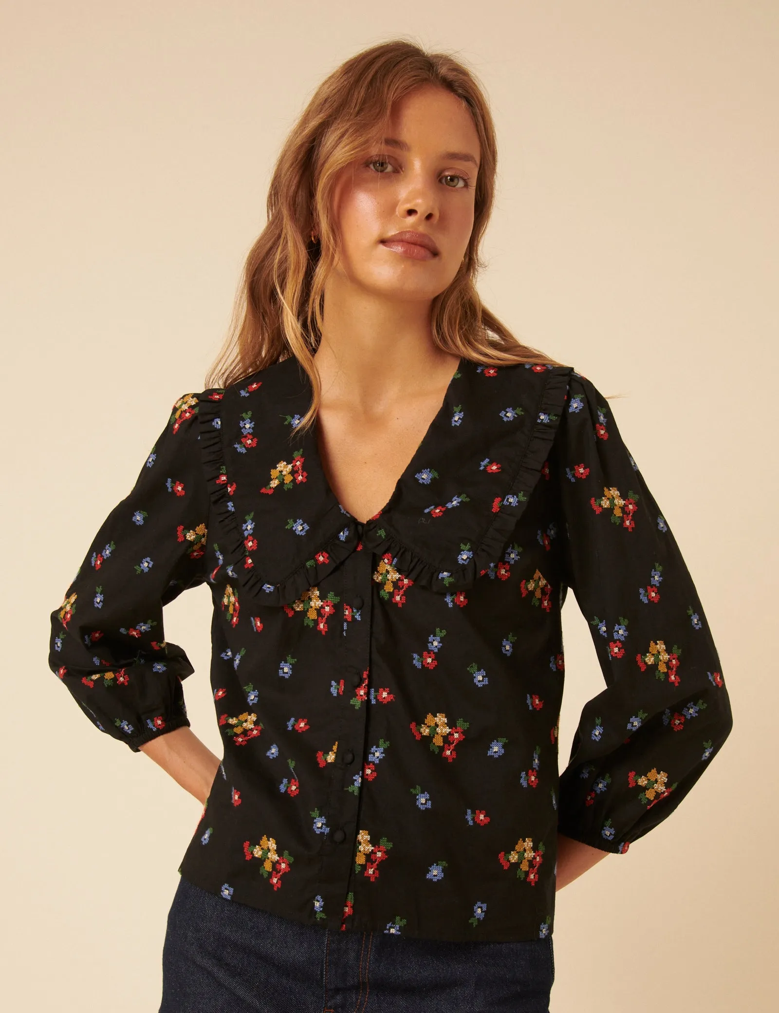Black Floral Embroidered Long Sleeve Emmie Blouse sold by Nobody's Child product image thumbnail 2