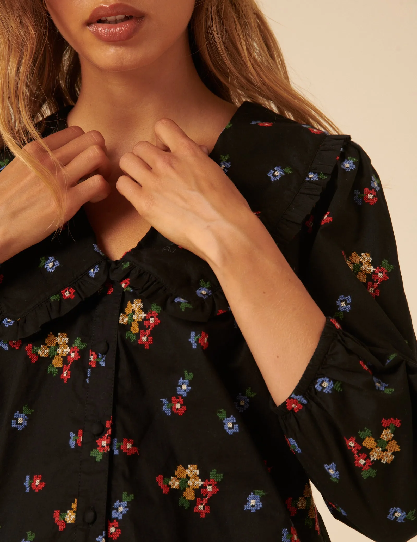 Black Floral Embroidered Long Sleeve Emmie Blouse sold by Nobody's Child product image thumbnail 3