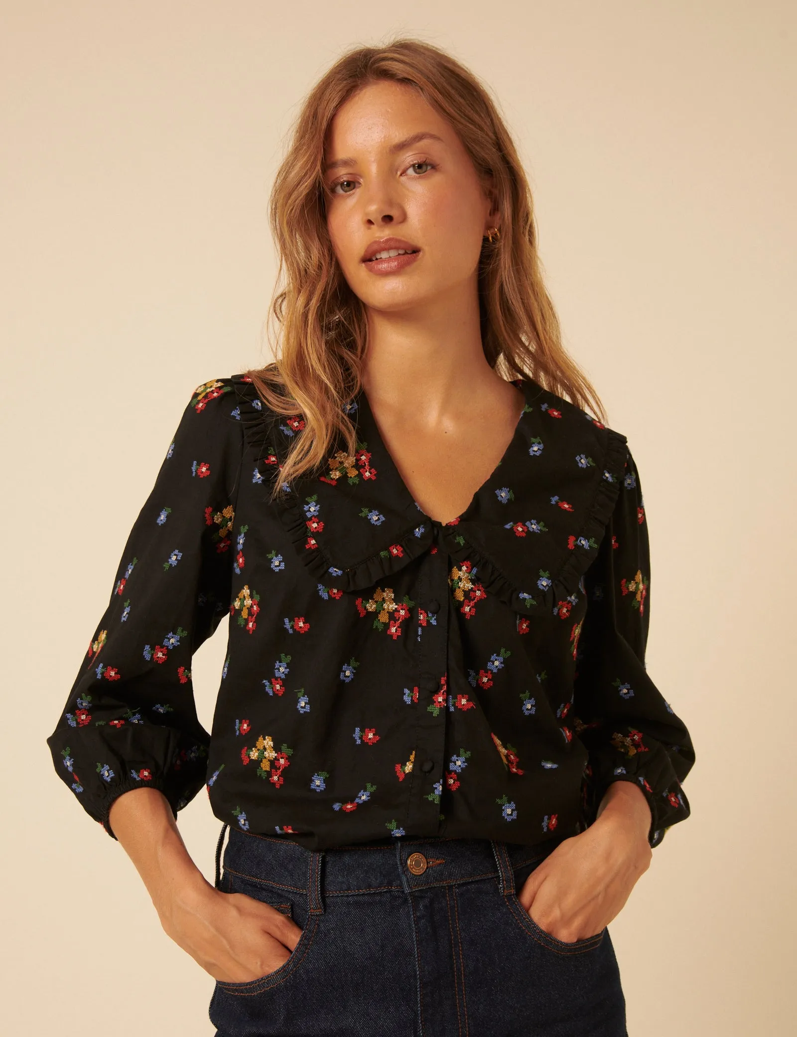 Black Floral Embroidered Long Sleeve Emmie Blouse sold by Nobody's Child product image thumbnail 4