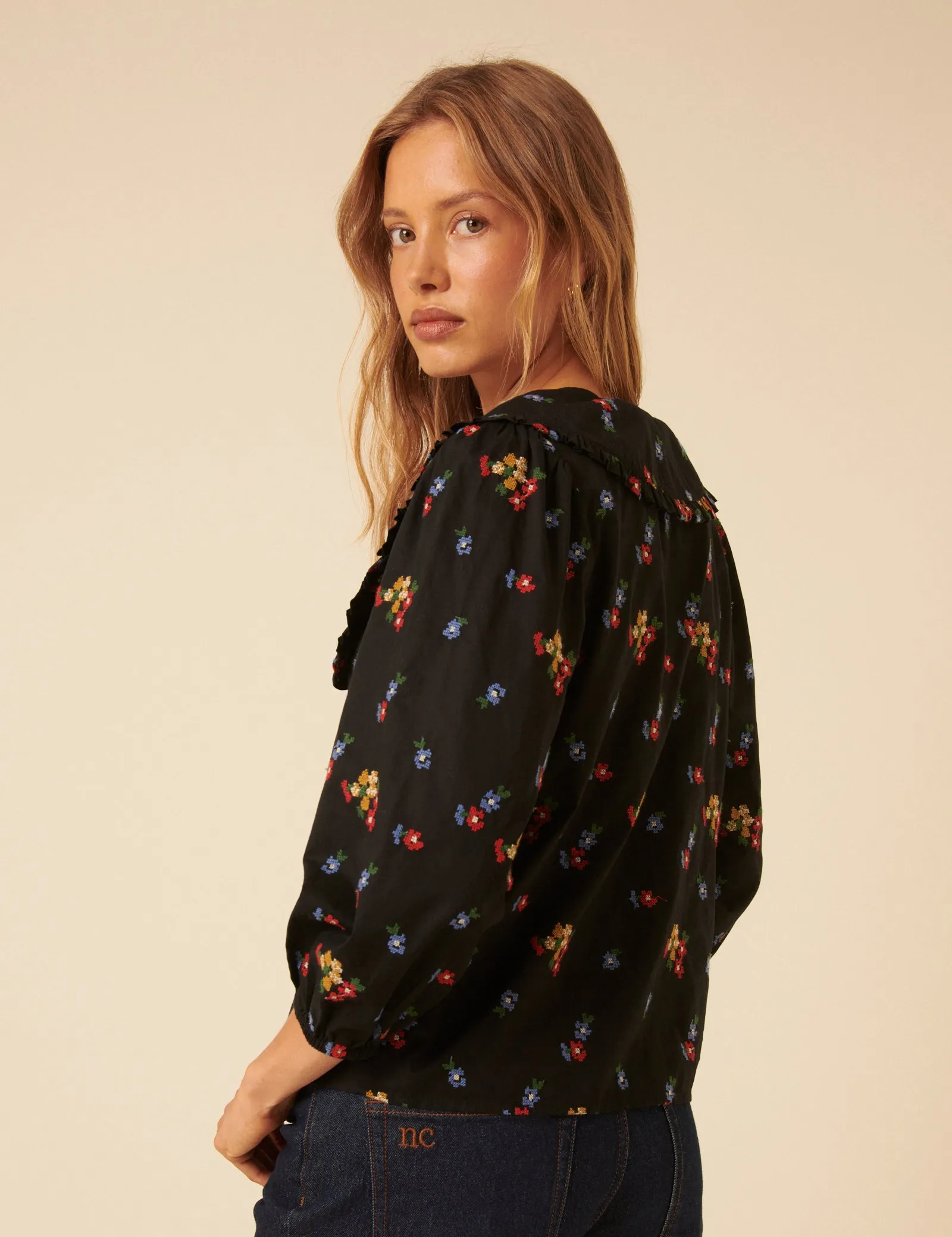 Black Floral Embroidered Long Sleeve Emmie Blouse sold by Nobody's Child product image thumbnail 5