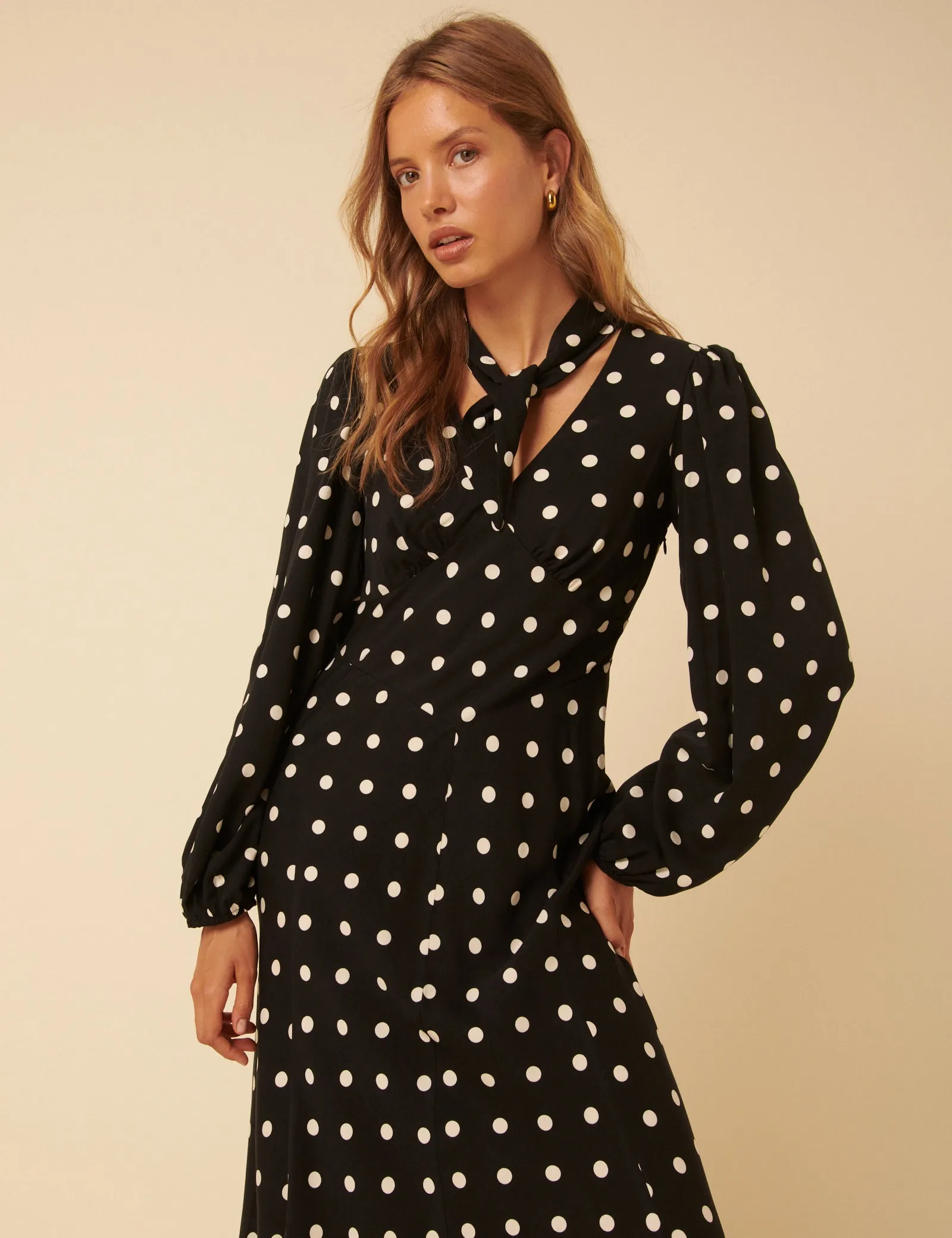 Black Polka Dot Neck Tie Sadie Midi Dress sold by Nobody's Child product image thumbnail 4