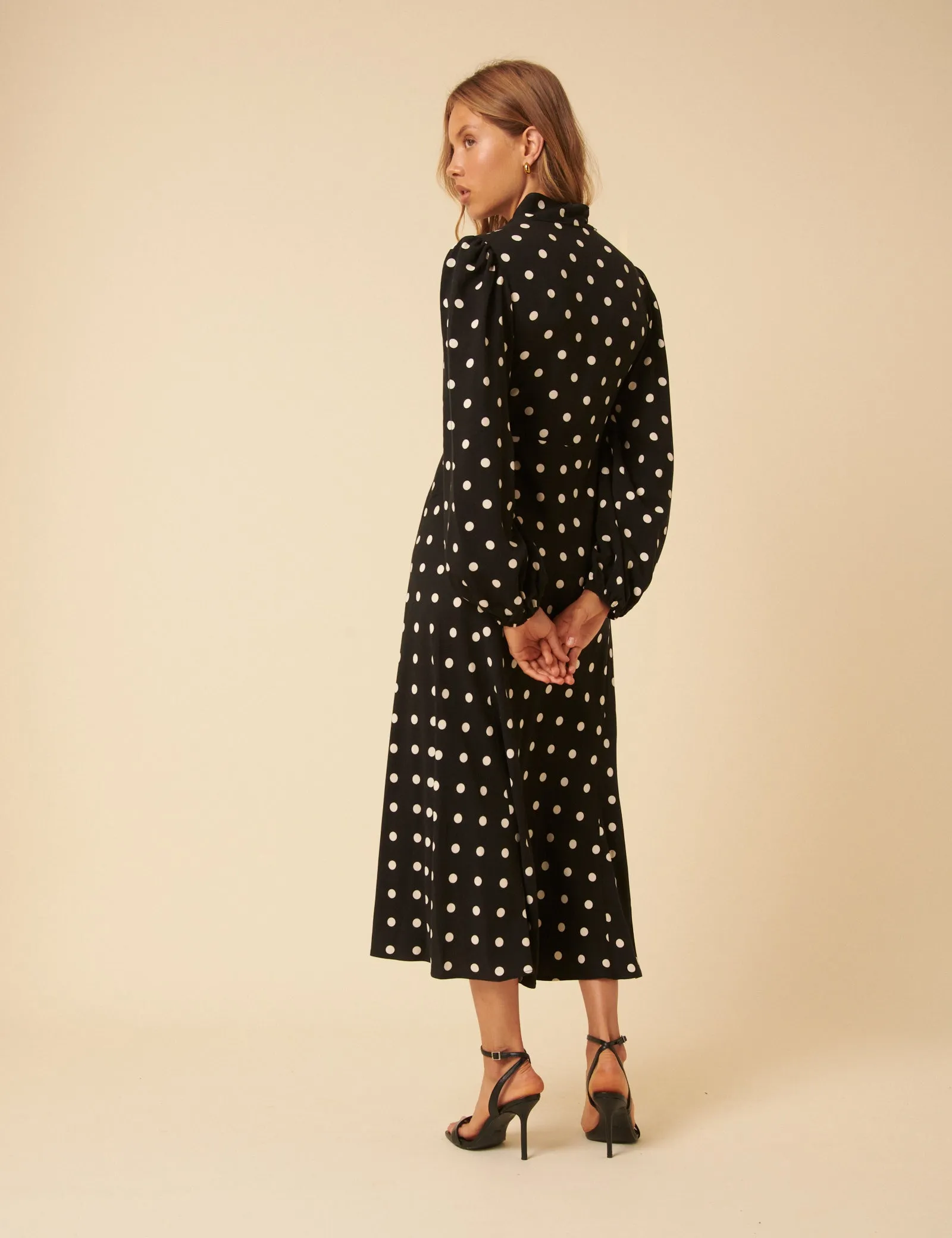 Black Polka Dot Neck Tie Sadie Midi Dress sold by Nobody's Child product image thumbnail 5