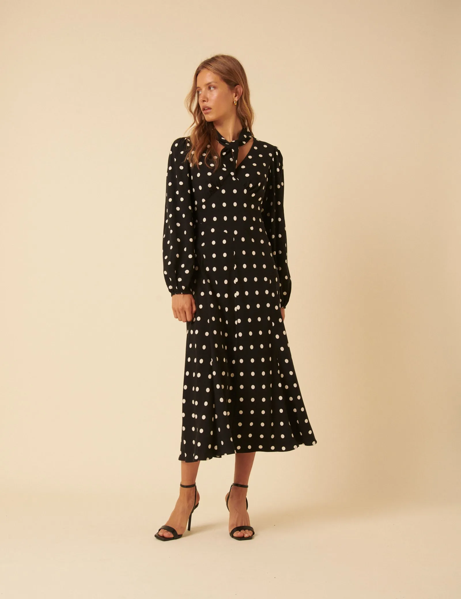 Black Polka Dot Neck Tie Sadie Midi Dress sold by Nobody's Child