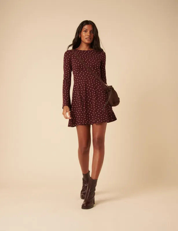 Burgundy Polka Dot Jersey Boat Neck Tate Mini Dress sold by Nobody's Child