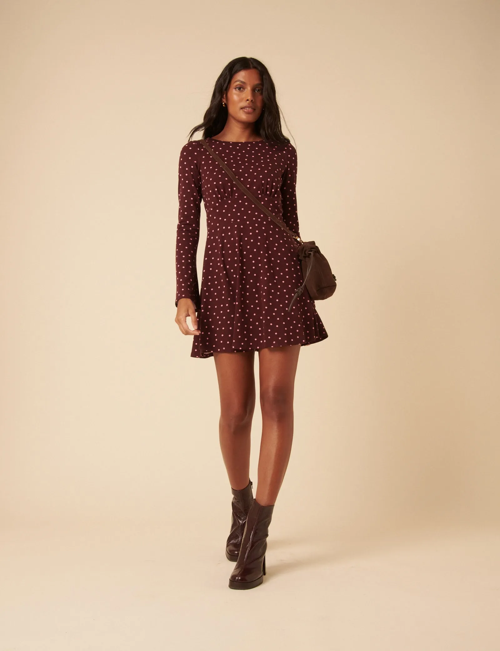 Burgundy Polka Dot Boat Neck Tate Jersey Mini Dress sold by Nobody's Child
