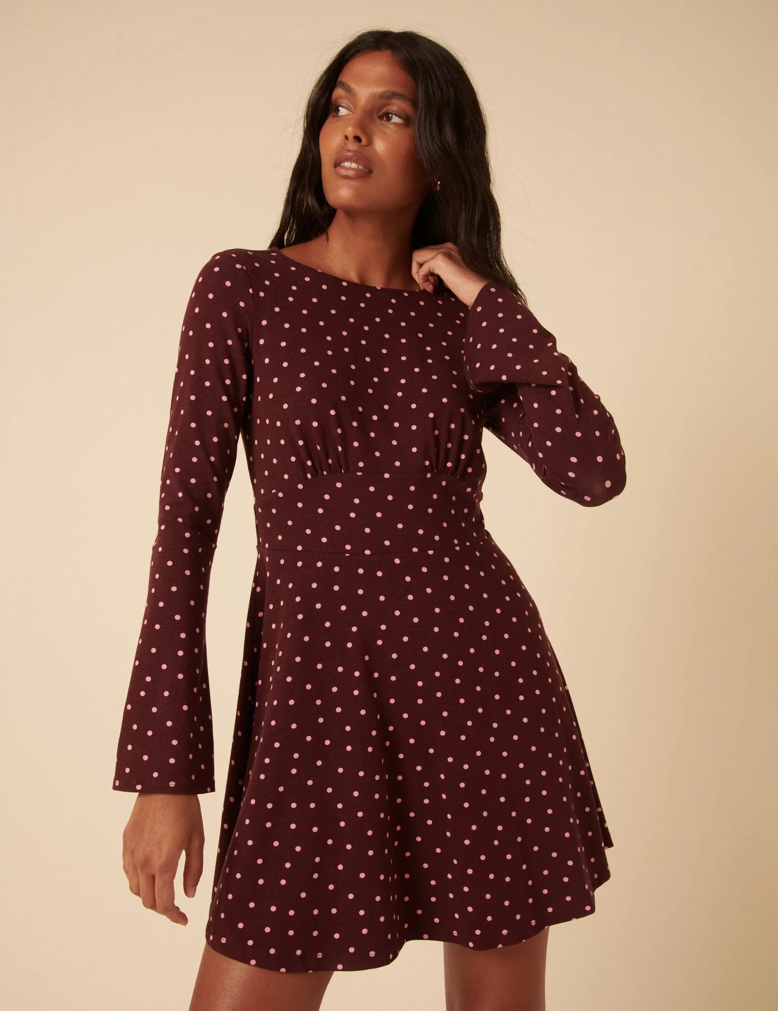 Burgundy Polka Dot Boat Neck Tate Jersey Mini Dress sold by Nobody's Child product image thumbnail 2
