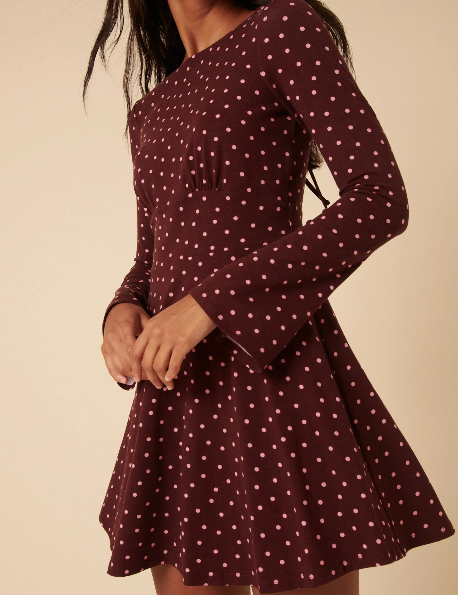 Burgundy Polka Dot Boat Neck Tate Jersey Mini Dress sold by Nobody's Child product image thumbnail 4