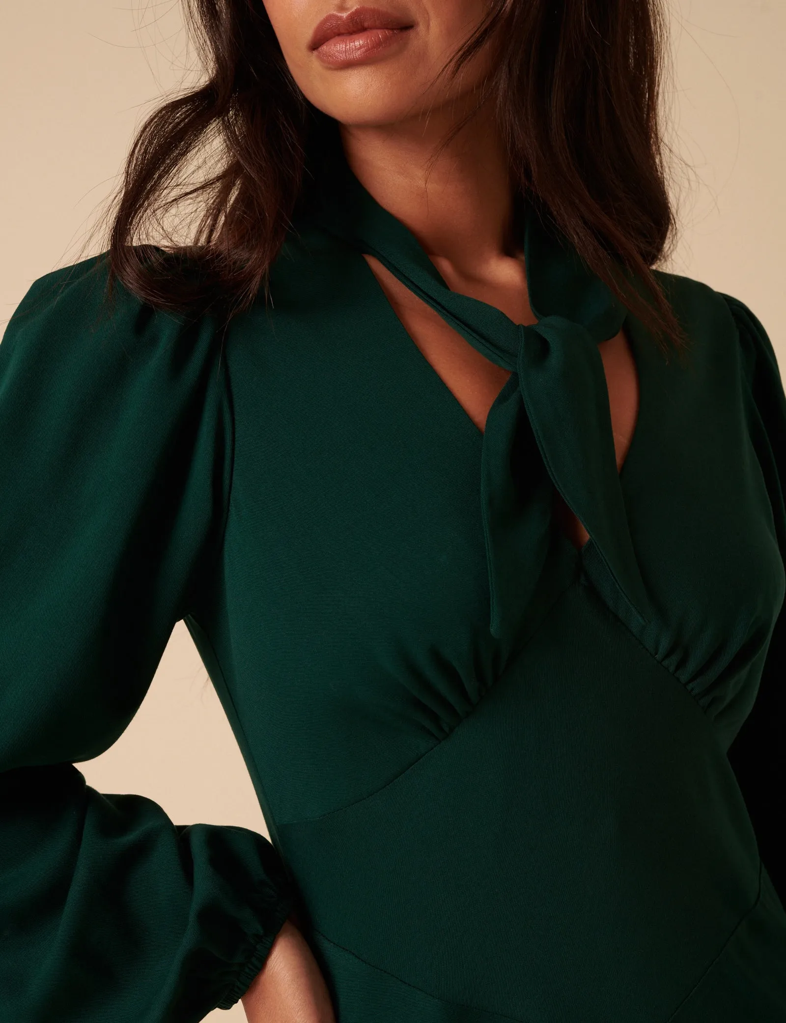 Forest Green Satin Balloon Sleeve Tie Neck Sadie Midi Dress sold by Nobody's Child product image thumbnail 3
