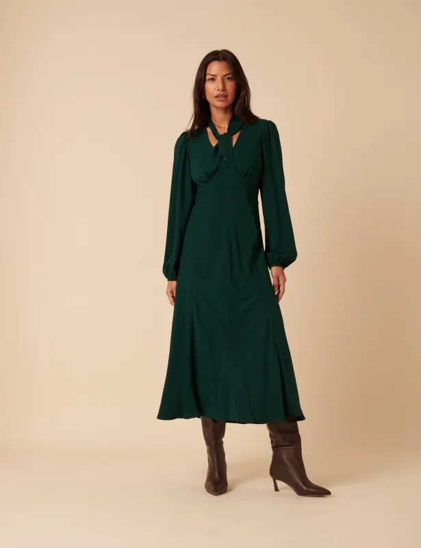 Forest Green Satin Balloon Sleeve Tie Neck Sadie Midi Dress sold by Nobody's Child