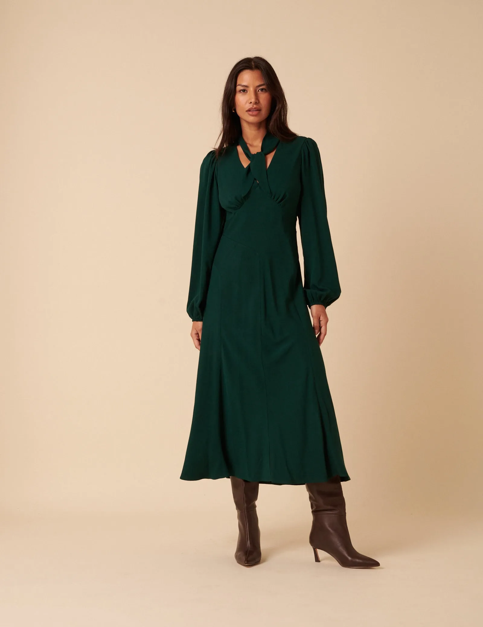 Forest Green Satin Balloon Sleeve Tie Neck Sadie Midi Dress sold by Nobody's Child