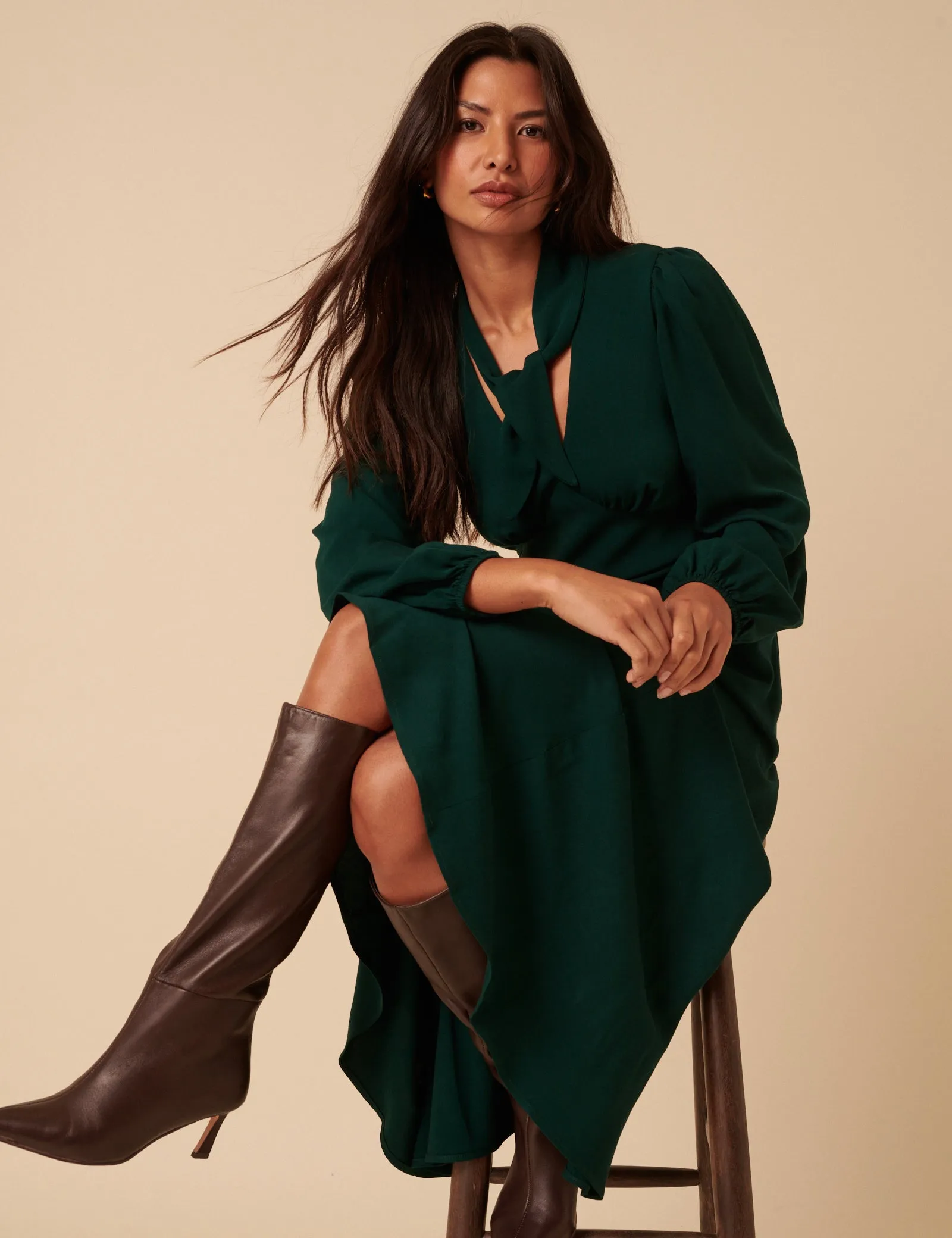 Forest Green Satin Balloon Sleeve Tie Neck Sadie Midi Dress sold by Nobody's Child product image thumbnail 2