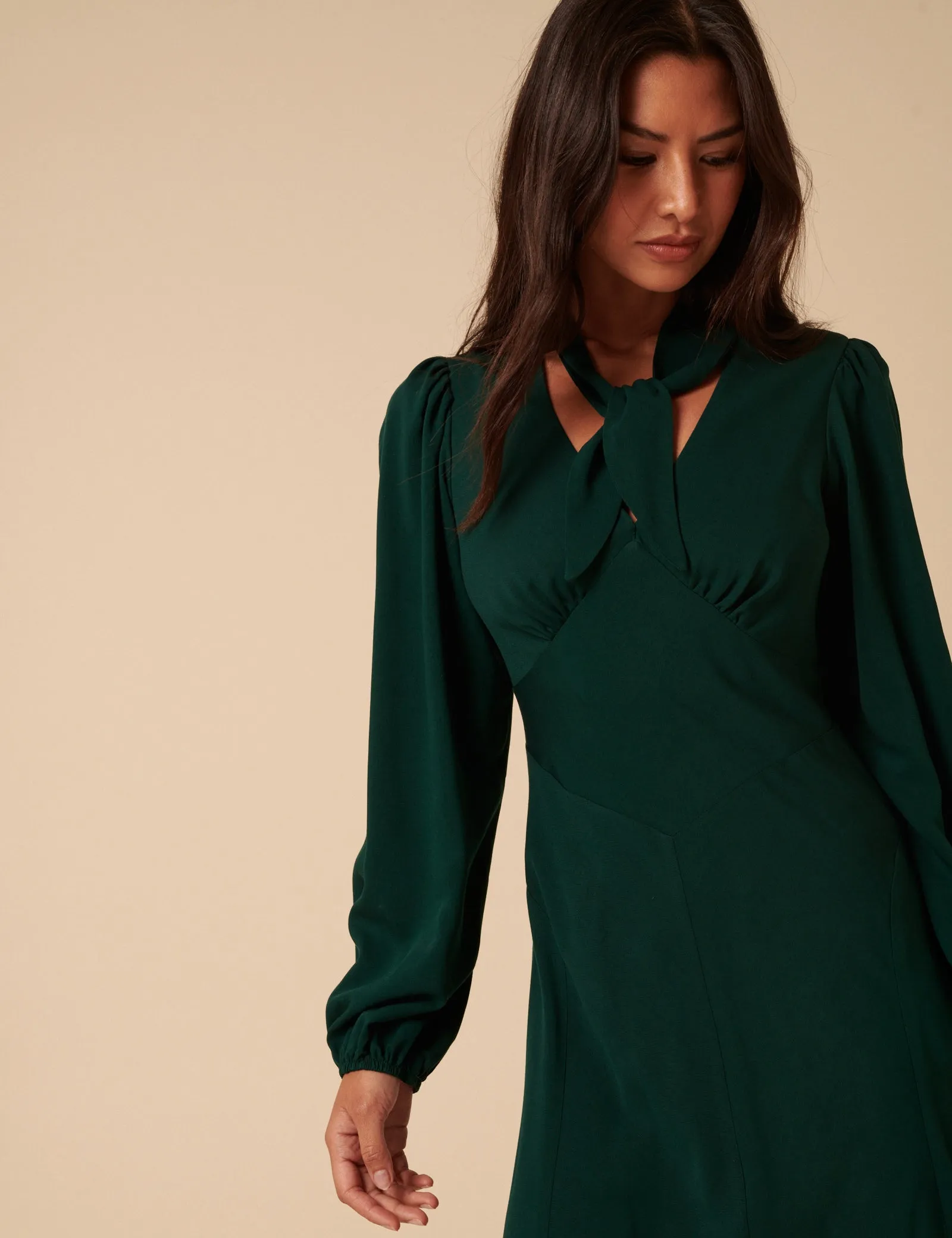 Forest Green Satin Balloon Sleeve Tie Neck Sadie Midi Dress sold by Nobody's Child product image thumbnail 4