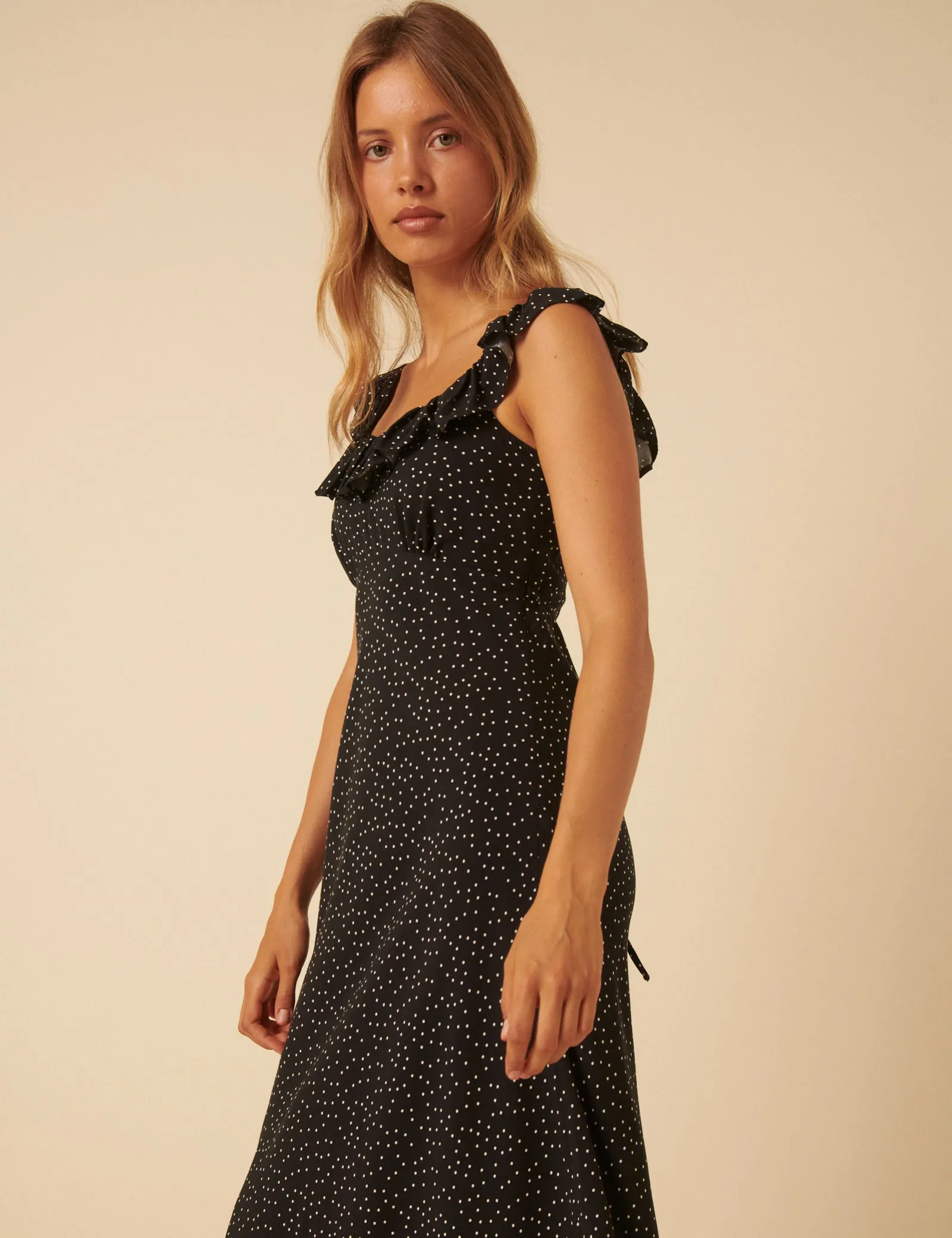 Black Polka Dot Round Neck Libby Midi Dress sold by Nobody's Child product image thumbnail 3