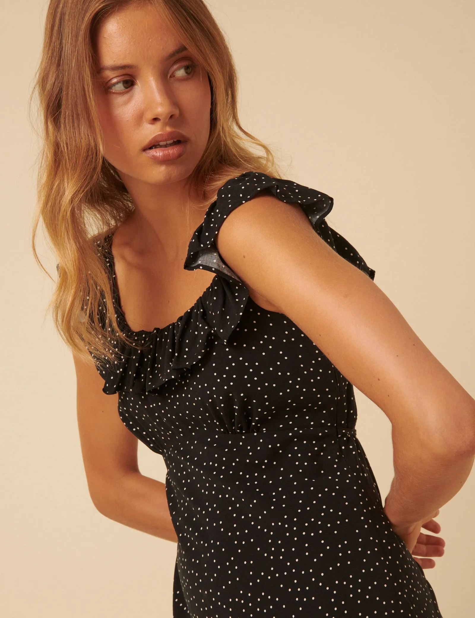 Black Polka Dot Round Neck Libby Midi Dress sold by Nobody's Child product image thumbnail 4