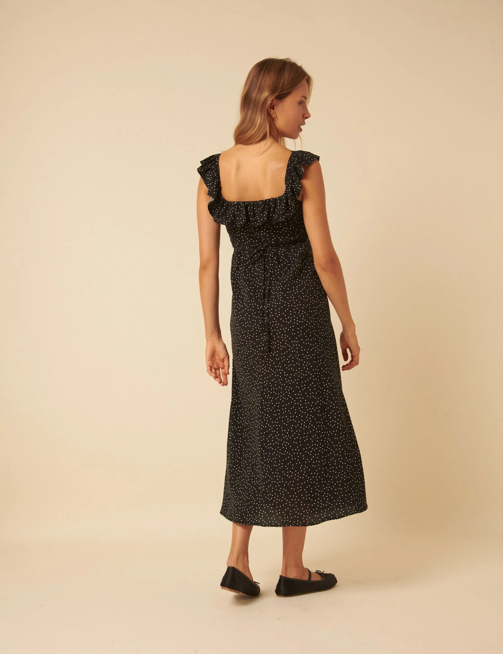 Black Polka Dot Round Neck Libby Midi Dress sold by Nobody's Child product image thumbnail 5