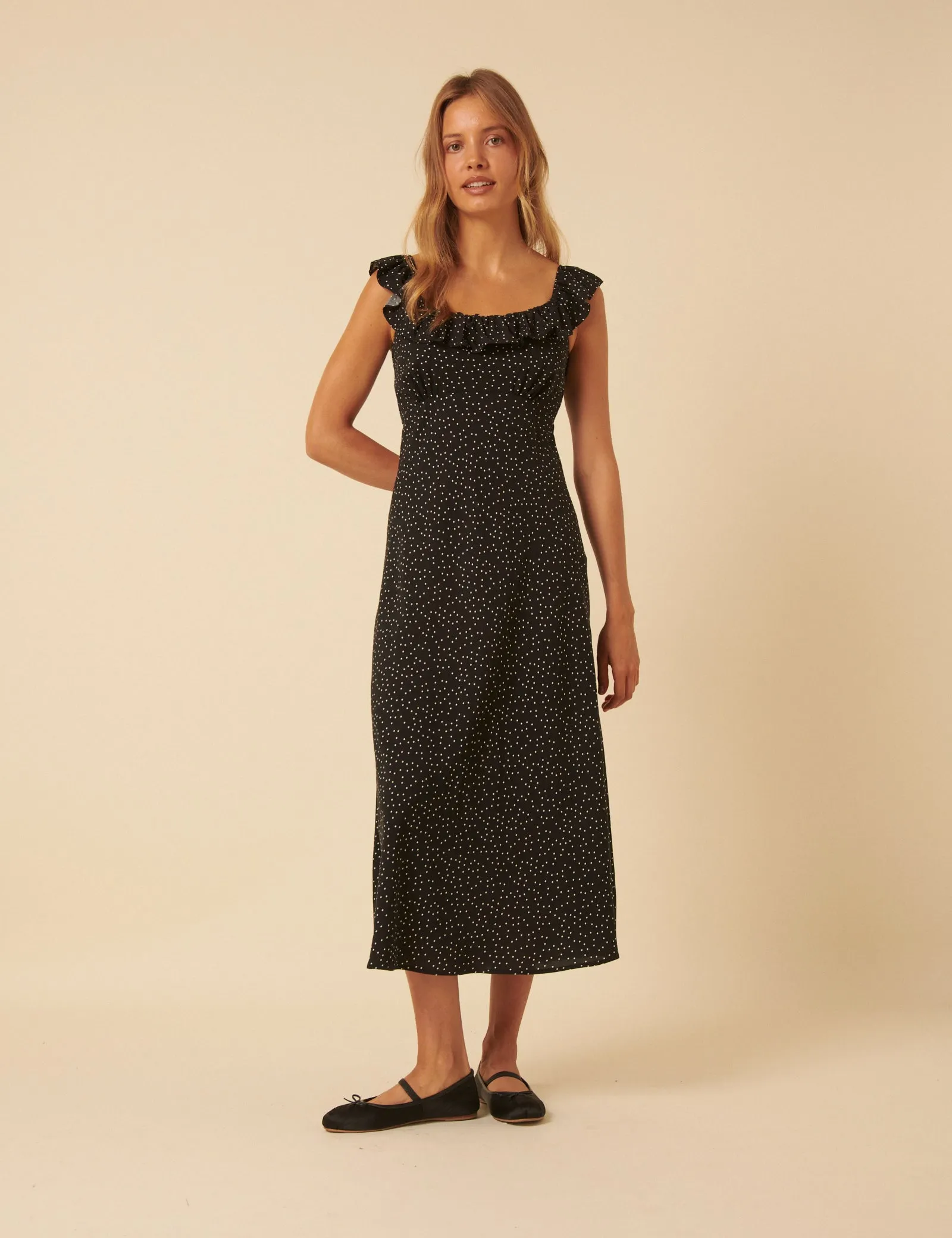 Black Polka Dot Round Neck Libby Midi Dress sold by Nobody's Child