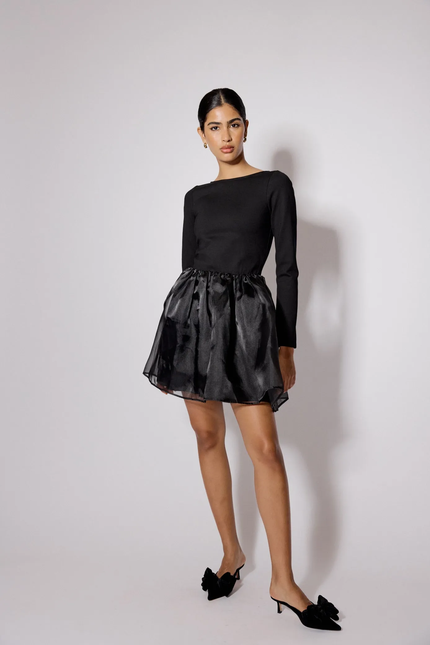 Black Long Sleeve Organza Poppy Mini Dress sold by Nobody's Child