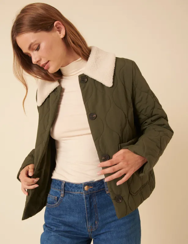 Khaki Quilted Borg Collar Jacket sold by Nobody's Child
