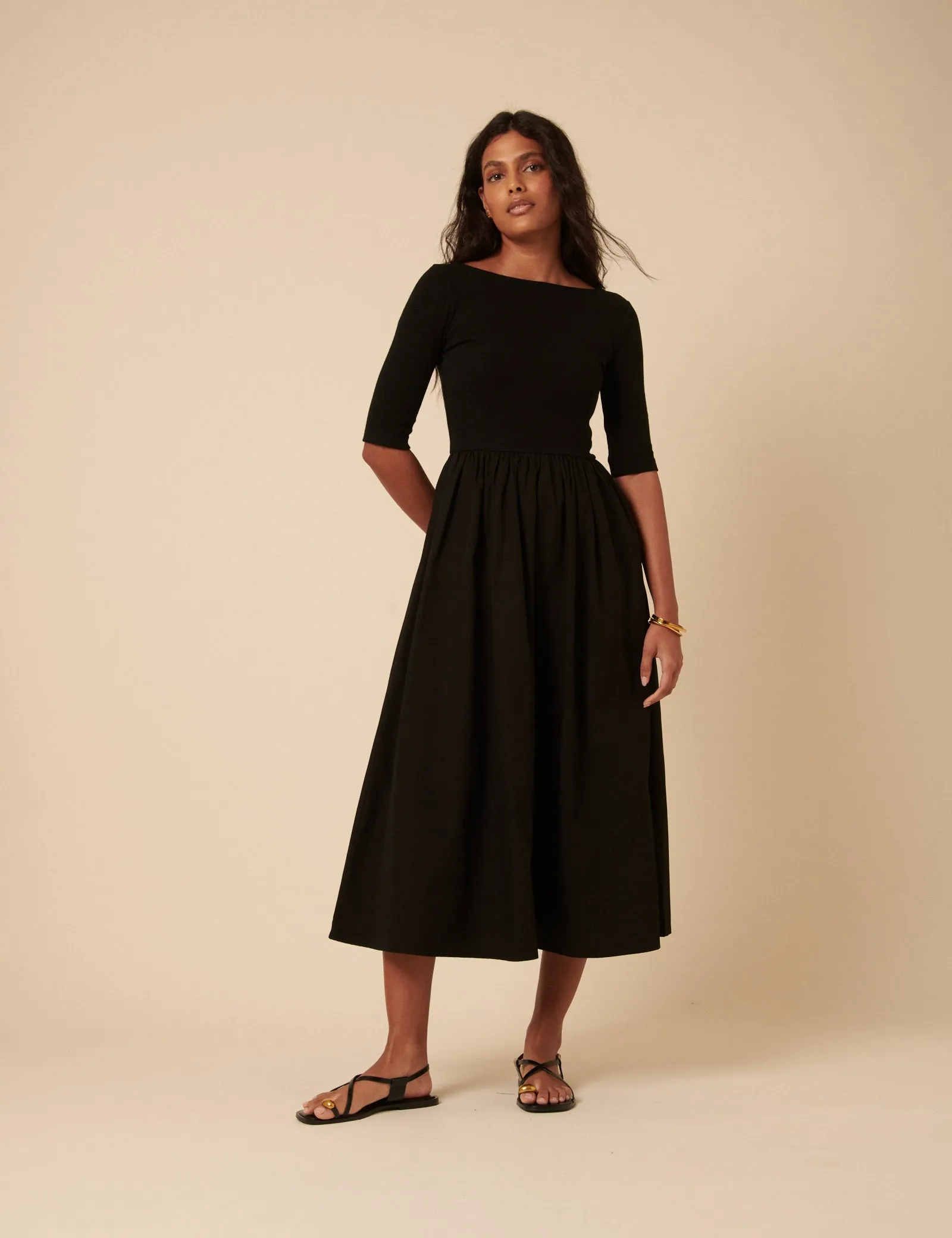 Black Cropped Sleeve A-Line Penni Midi Dress sold by Nobody's Child