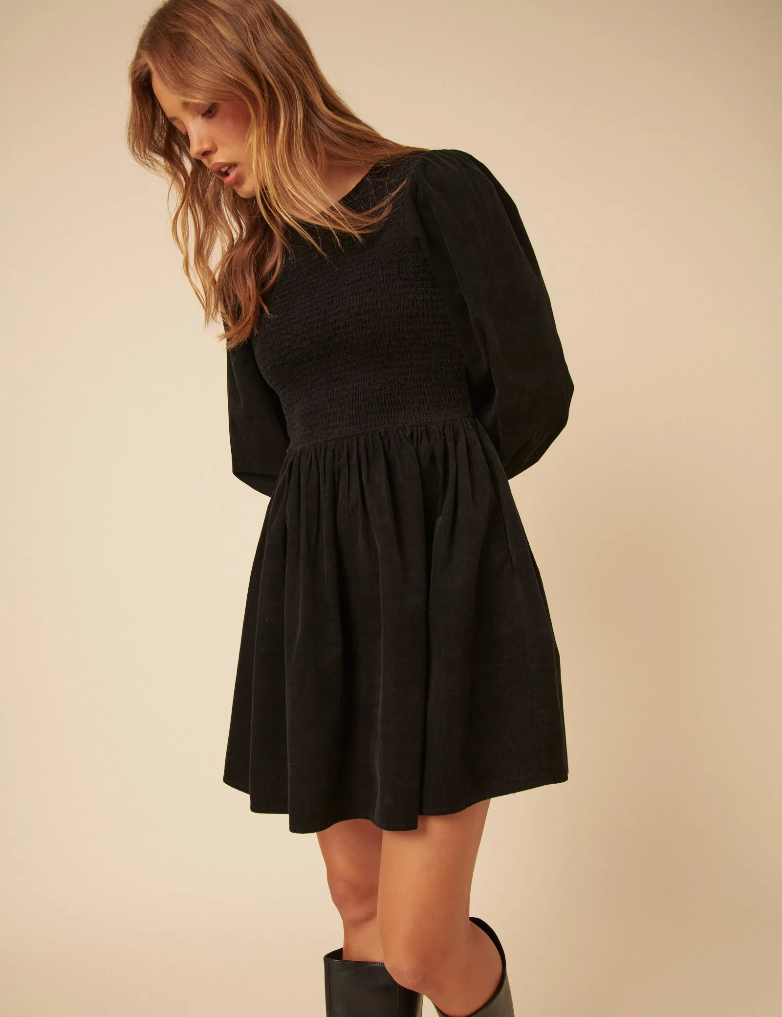Black Cord Long Sleeve Shirred Bambi Mini Dress sold by Nobody's Child
