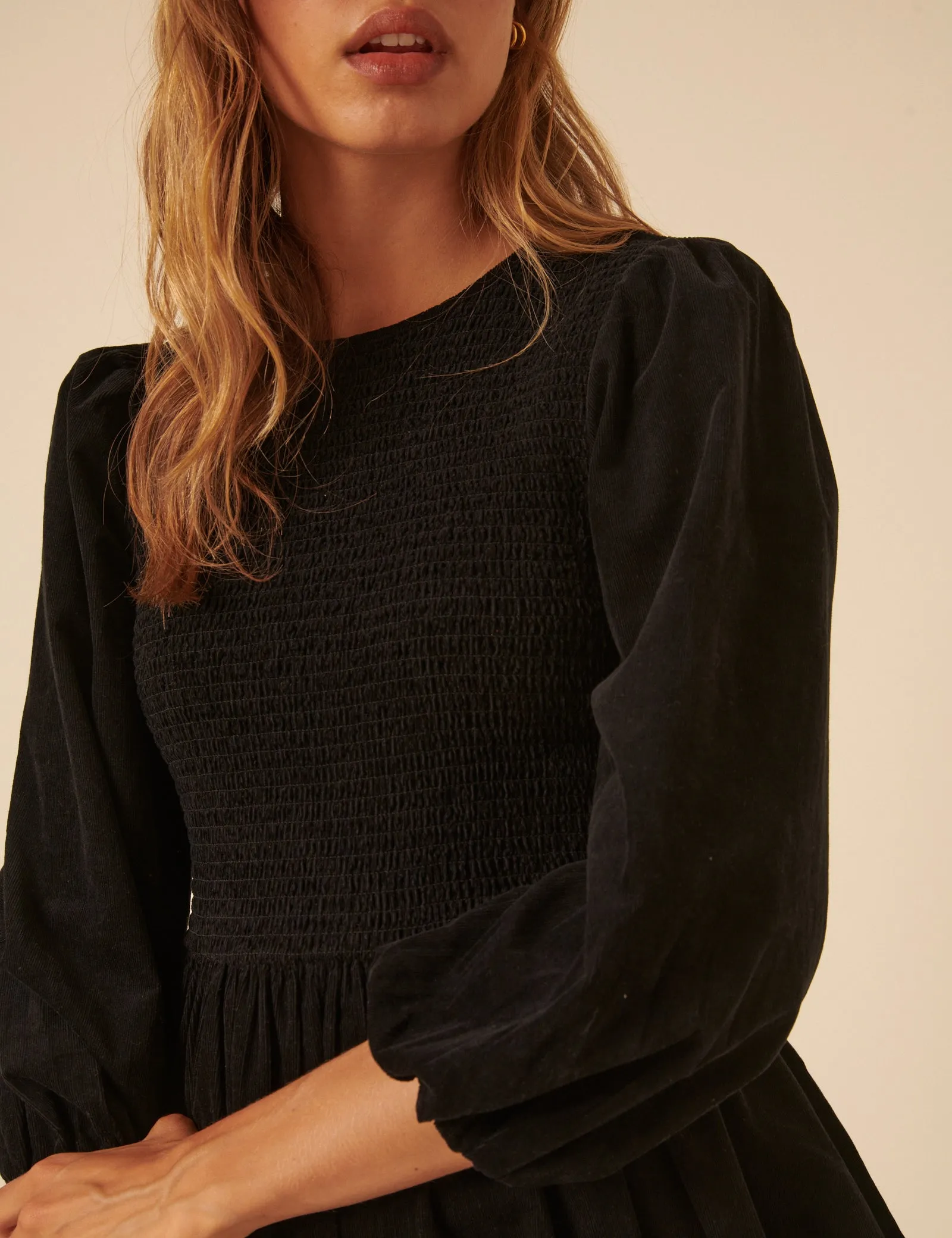 Black Cord Long Sleeve Shirred Bambi Mini Dress sold by Nobody's Child product image thumbnail 5