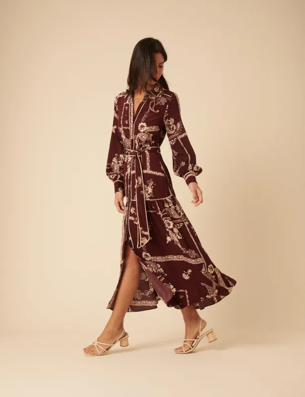 Burgundy Printed Brooklyn Midi Shirt Dress sold by Nobody's Child