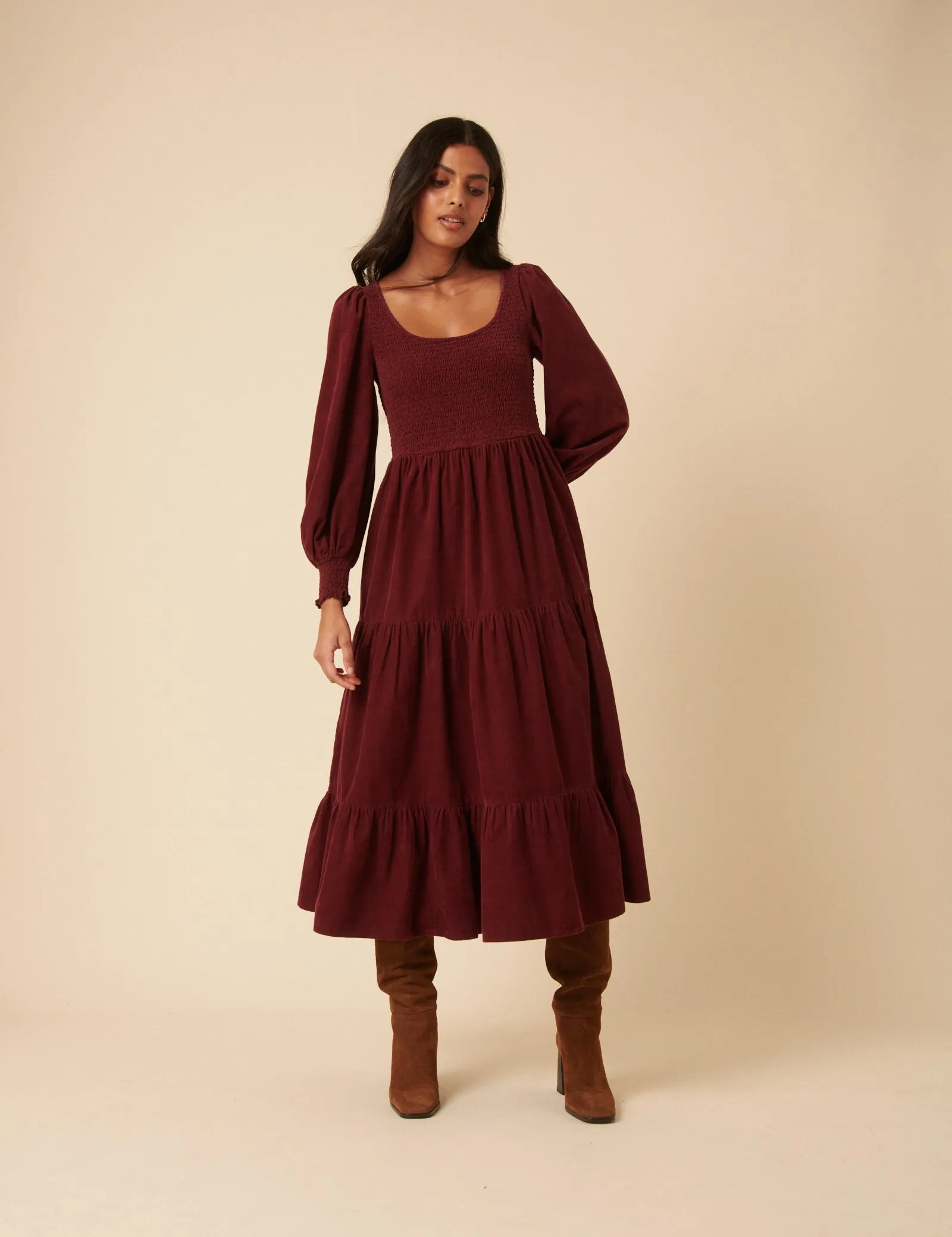 Burgundy Cord Tiered Ruby Midi Dress sold by Nobody's Child