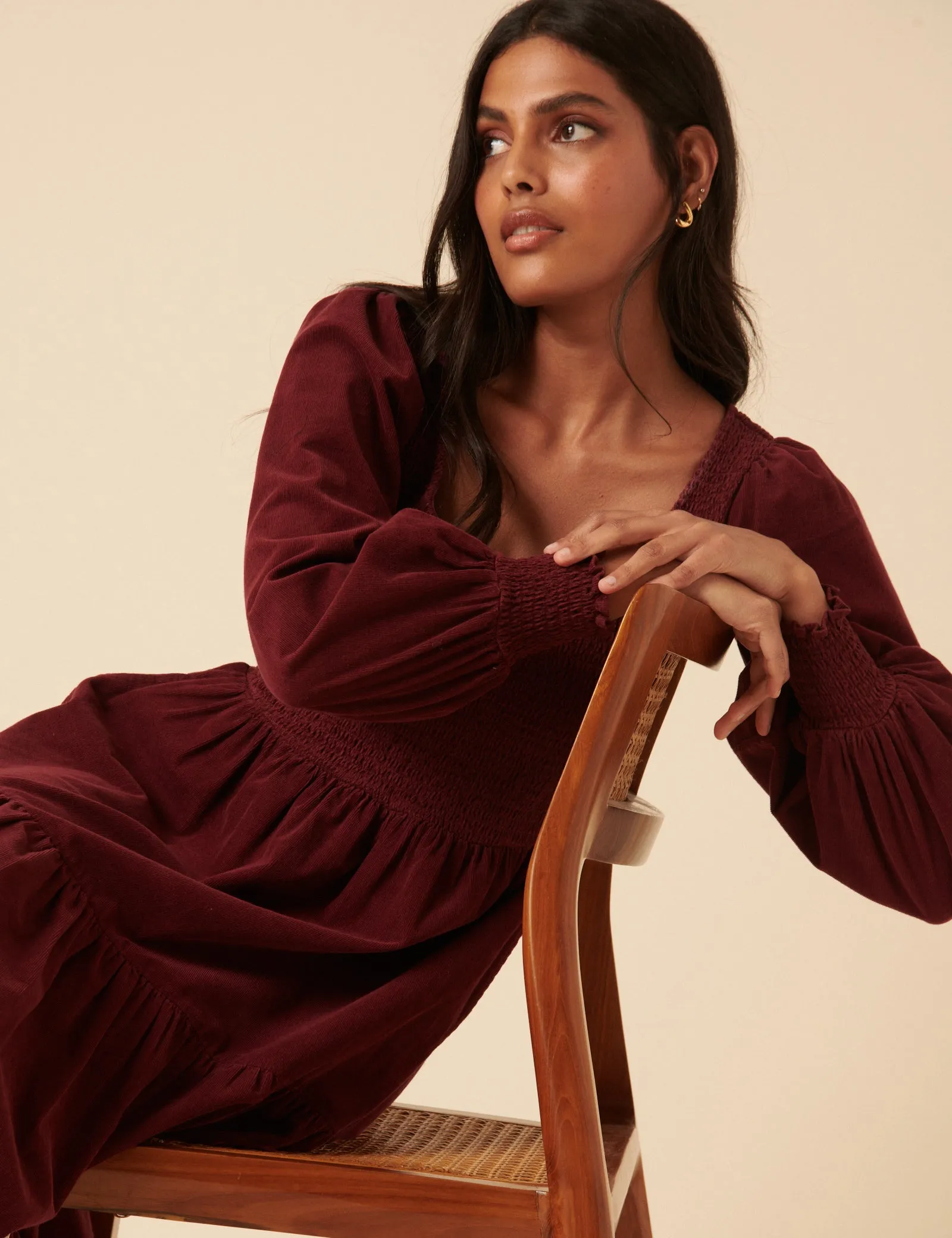 Burgundy Cord Tiered Ruby Midi Dress sold by Nobody's Child product image thumbnail 3