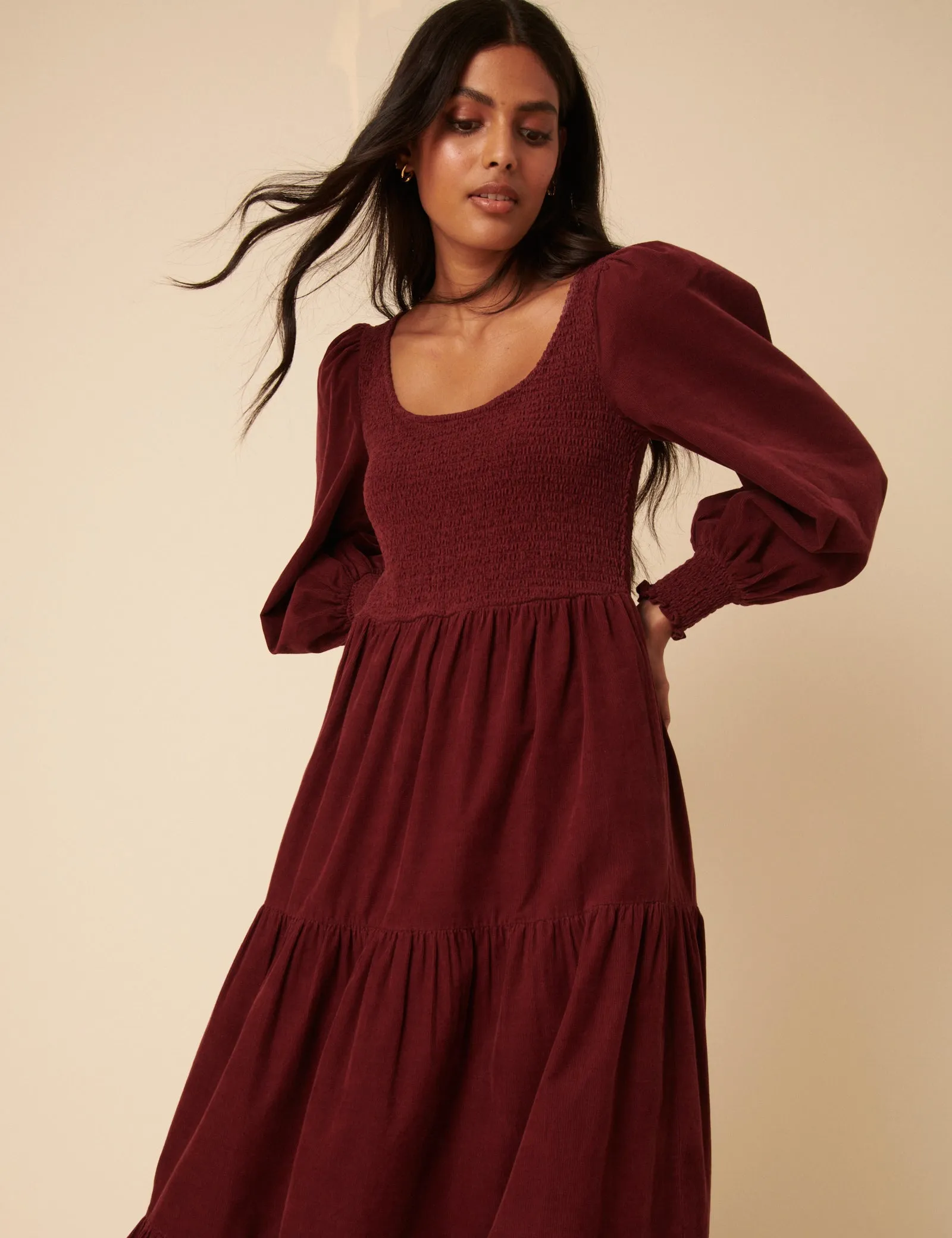 Burgundy Cord Tiered Ruby Midi Dress sold by Nobody's Child product image thumbnail 2