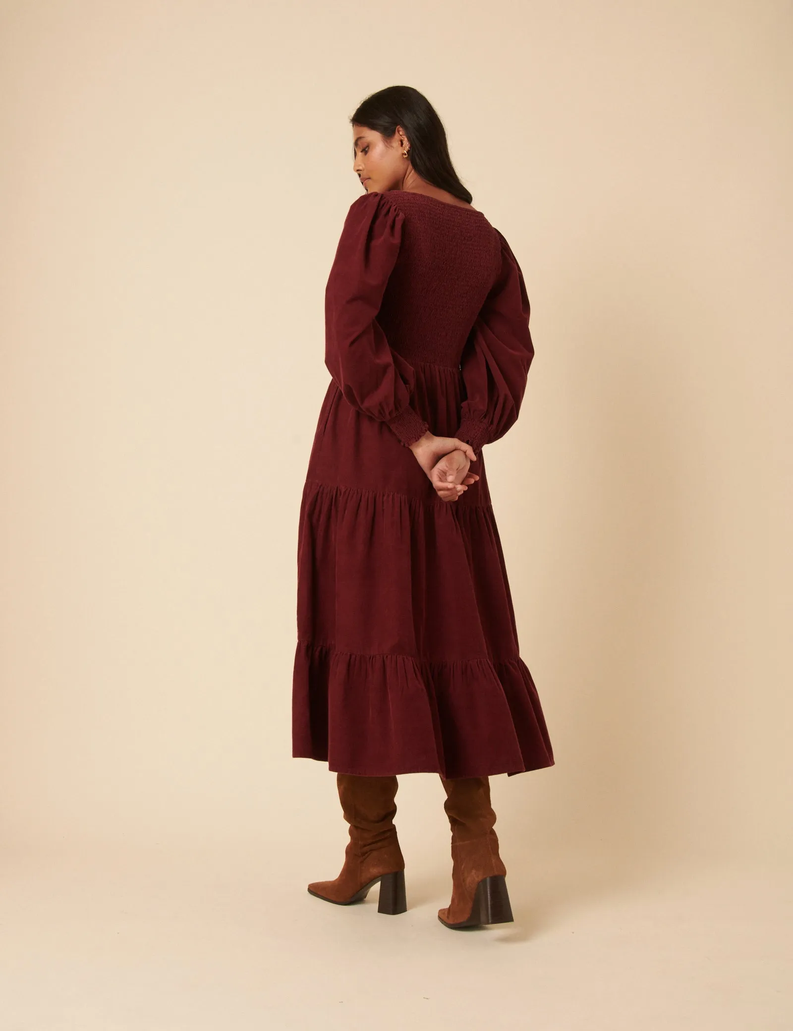 Burgundy Cord Tiered Ruby Midi Dress sold by Nobody's Child product image thumbnail 4