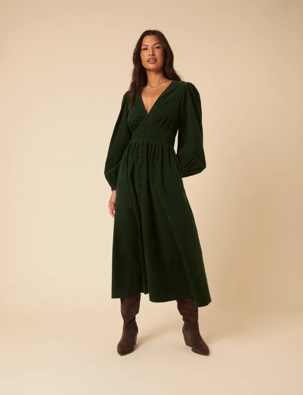 Forest Green Cord Long Sleeve Riley Midi Dress sold by Nobody's Child