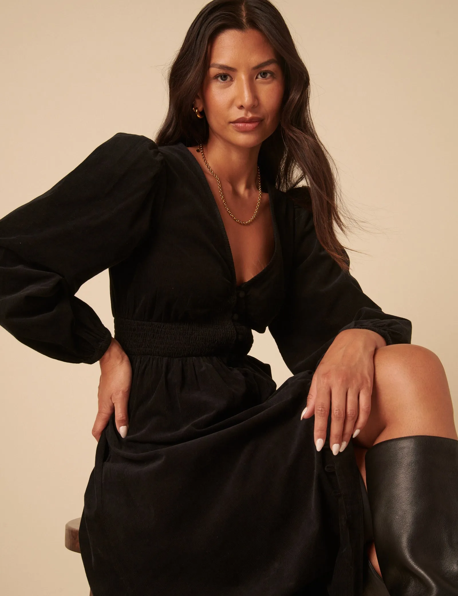 Black Cord Long Sleeve Riley Midi Dress sold by Nobody's Child product image thumbnail 3